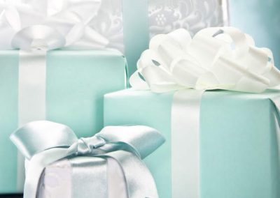 Group of blue and white gifts